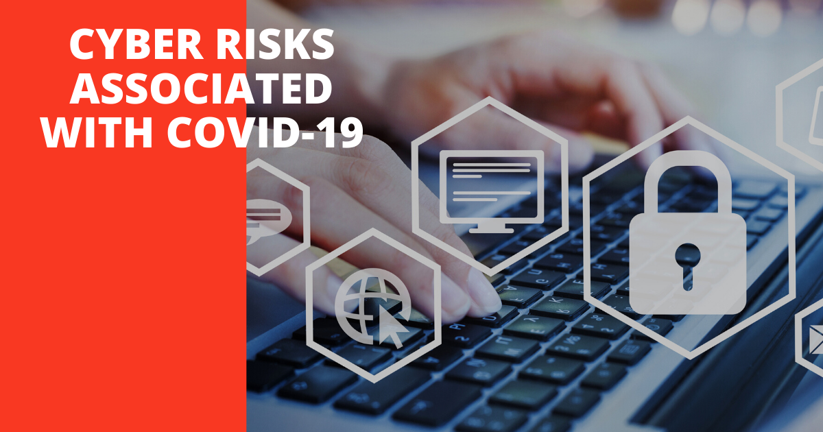 Cyber Risks COVIDI-19 header, hands typing on keyboard with cyber icons hovering over image
