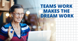 Woman waving to computer, representing doing work in Microsoft Teams
