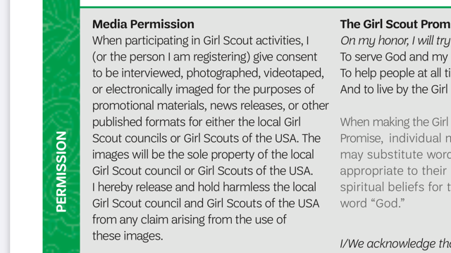 A screen grab of text from the Girl Scouts, Hornets' Nest Council, website outlining their media permission policy