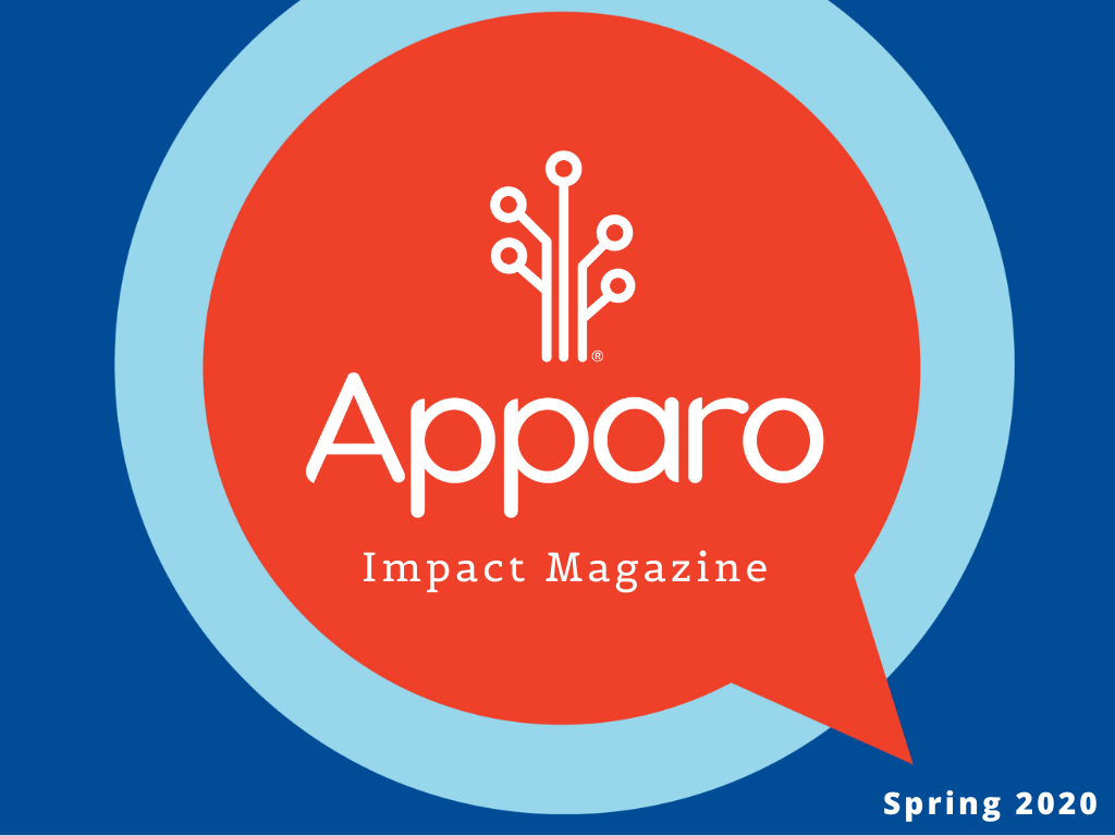 Spring 2020 Impact Magazine Cover Image, with Apparo logo and the words Impact Magazine in a speech bubble