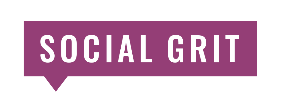 The Social Grit Logo - all caps white letters saying "social grit" in a purple speech callout box