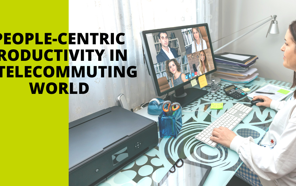 Blog header image for People-Centric Productivity In A Telecommuting World blog post. Person in home office, video chatting with four other people.