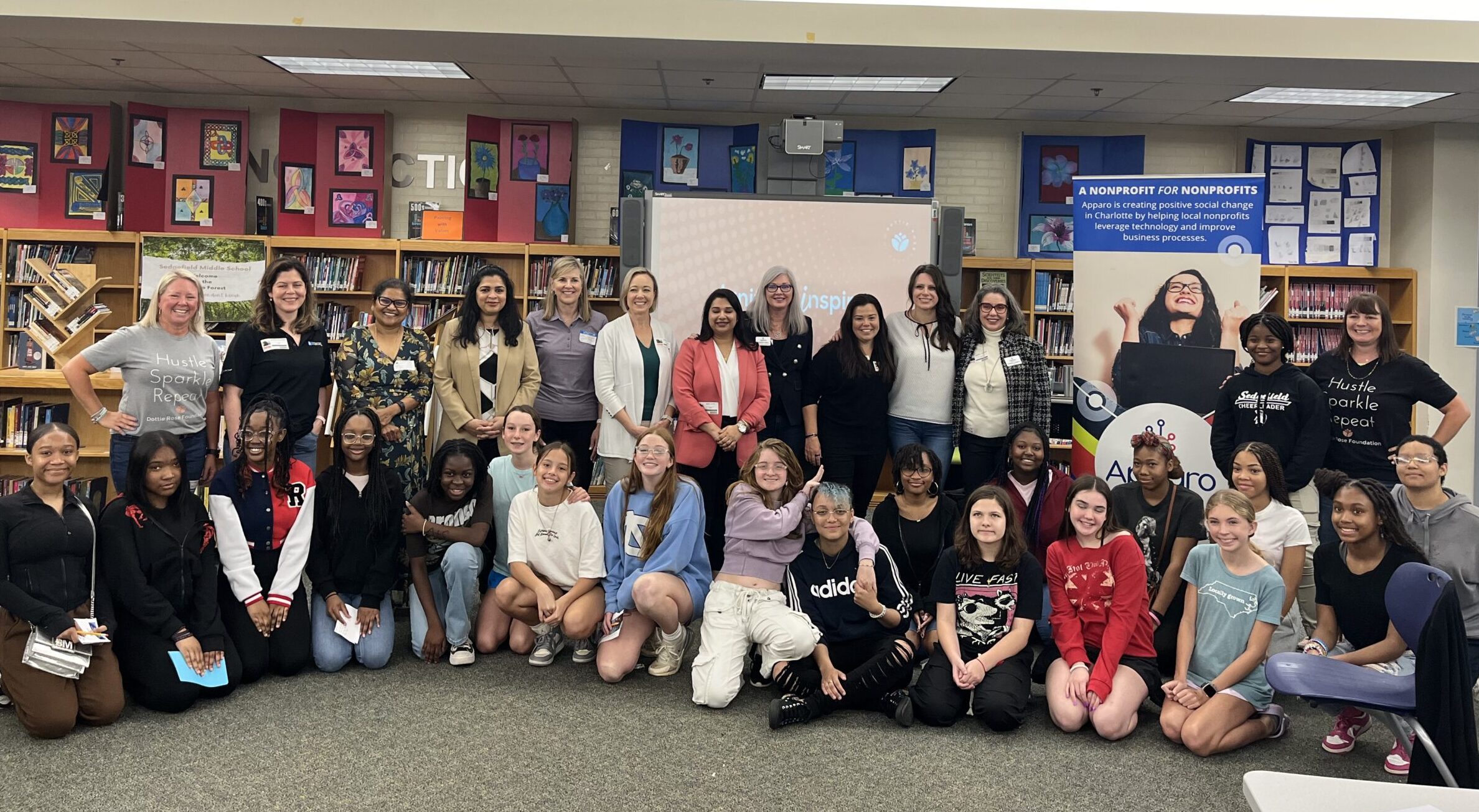 Apparo leadership and their community of tech leaders joins Dottie Rose Foundation at Sedgefield Middle School to engage with motivated STEM students.