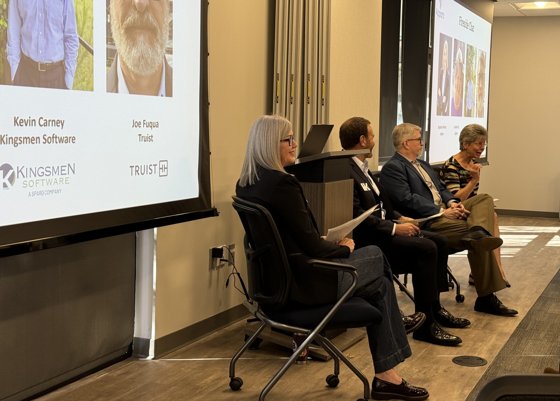 Stephanie McKee (Apparo), Kevin Carney (Kingsmen Software), Joe Fuqua (Truist), and Jennifer Ray (Apparo) sharing empowering expert insights, real-world use cases, and lessons learned around AI.